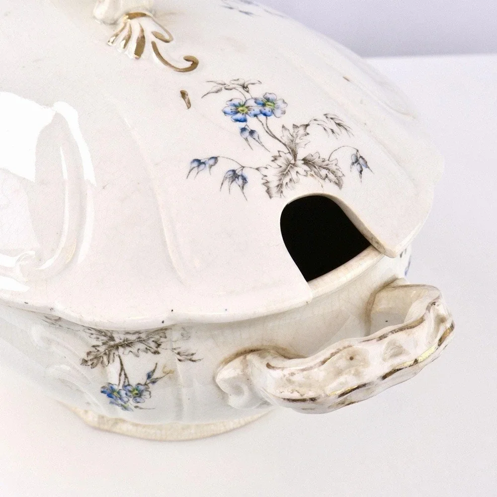 Antique White Ironstone Soup Tureen with Lid - Blue Floral, Hand Signed Base